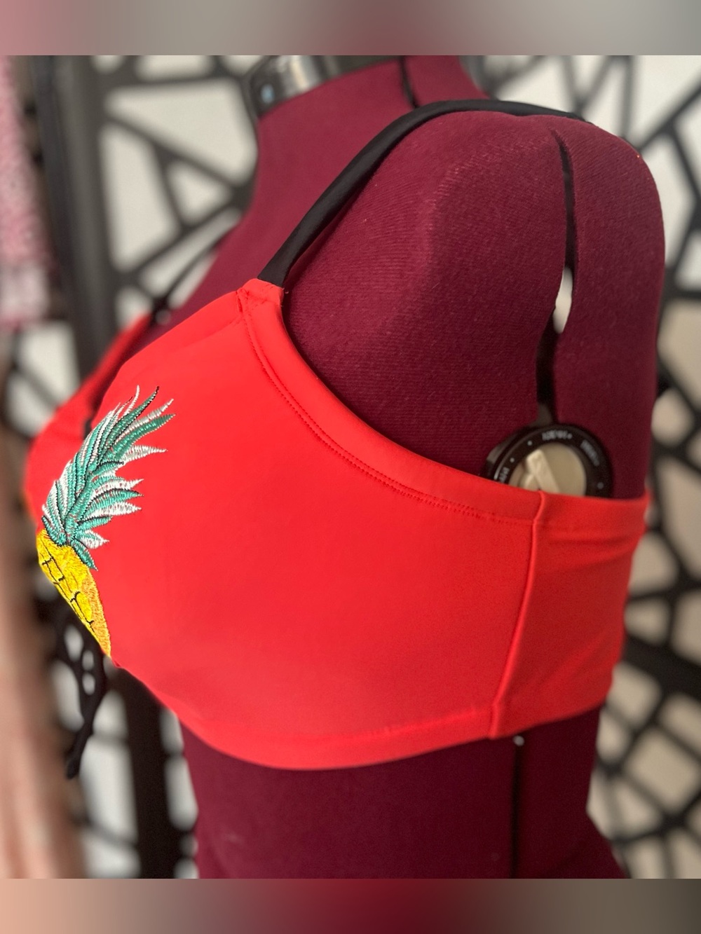 Cacique Red Pineapple embroidered Lace-up Bikini Top - Picture 3 of 5